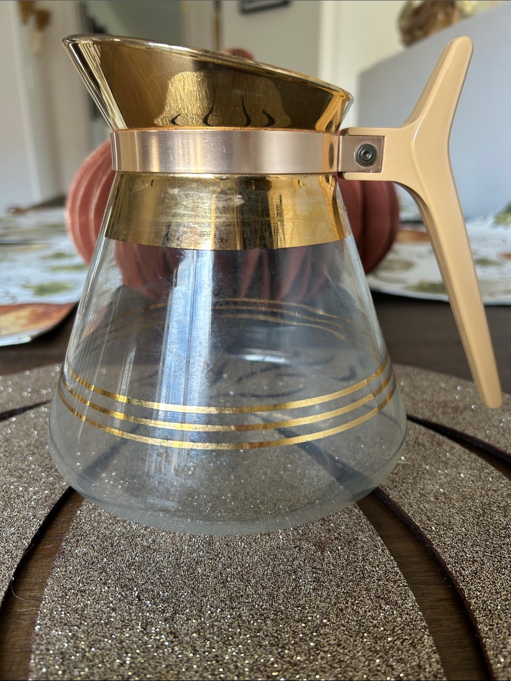 Vintage MCM coffee pot 22k Gold-Trim Glass Coffee Carafe with Beige Handle